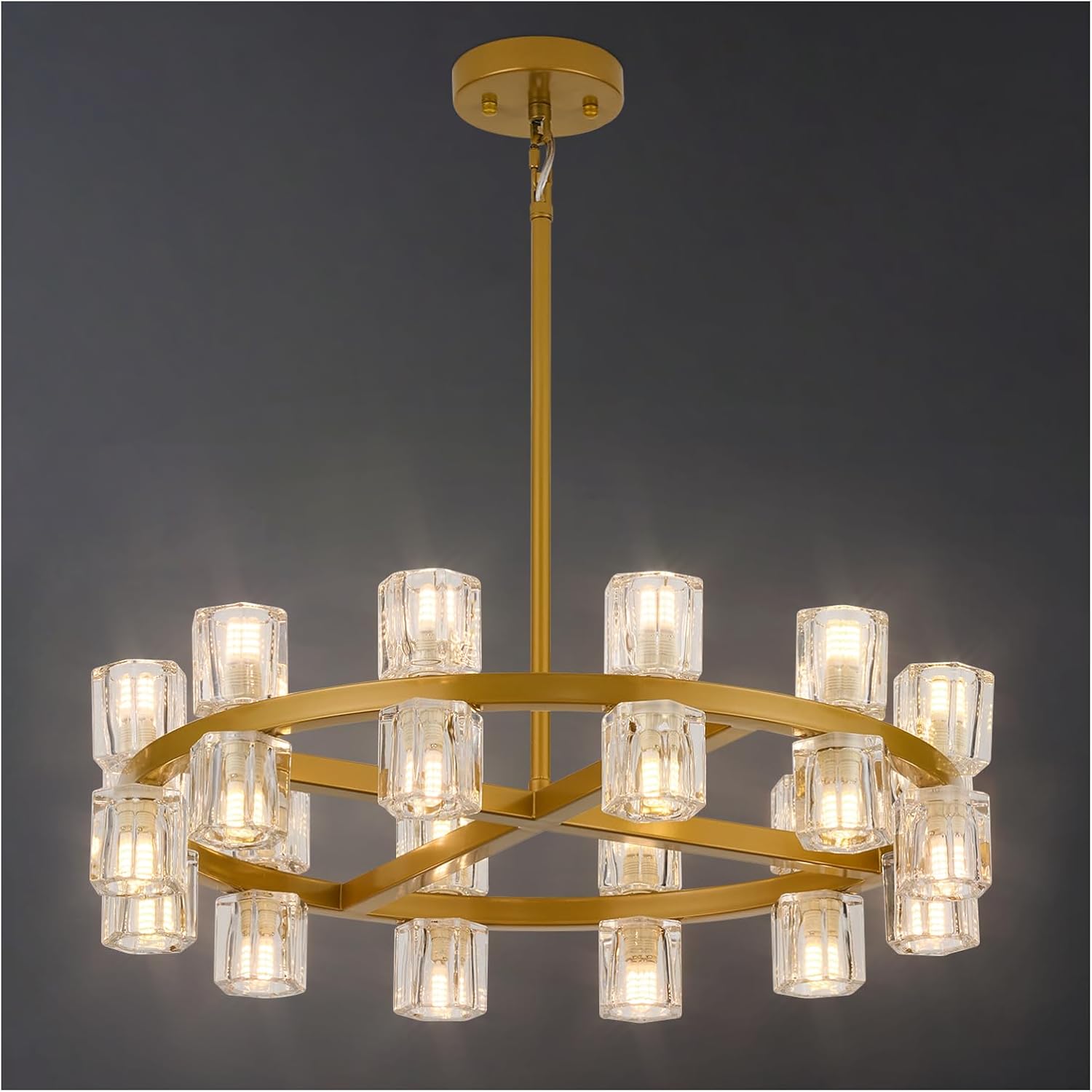 Modern 36 Inch Gold Crystal Wagon Wheel Chandelier, Large Round 36-Light Pendant Lighting Fixture, Adjustable Height for High Ceilings Living Room, Dining Room, Foyer, Entryways (gold-36in)