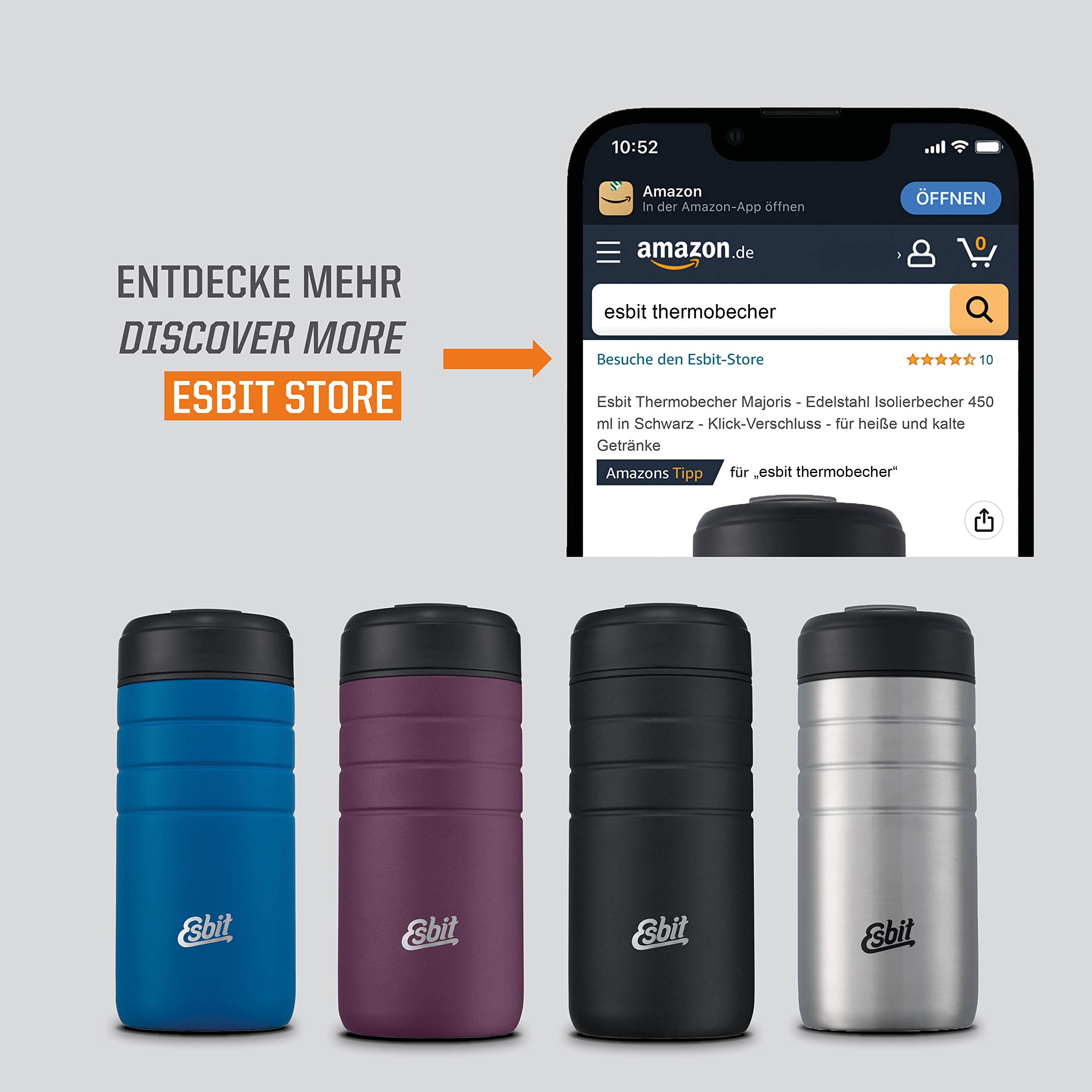Esbit Majoris kubek termiczny ze stali nierdzewnej z zamknięciem na zatrzask, czarny, srebrny i inny, 450 ml, kubek termiczny do gorących i zimnych napojów, do kawy i herbaty