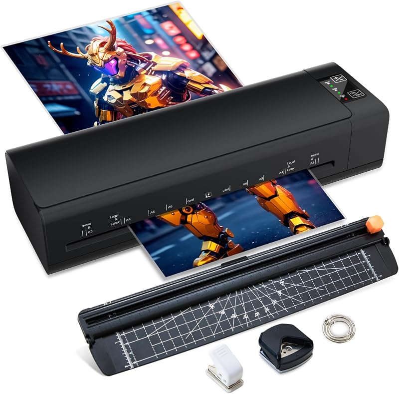 Máquina laminadora Chilino de 13", máquina laminadora en frío y caliente A3 9 en 1 | Calentamiento rápido de 60 segundos, diseño que nunca se atasca, incluye hojas laminadoras A3/A4/A5, cortador y redondeador de esquinas incorporado, negro