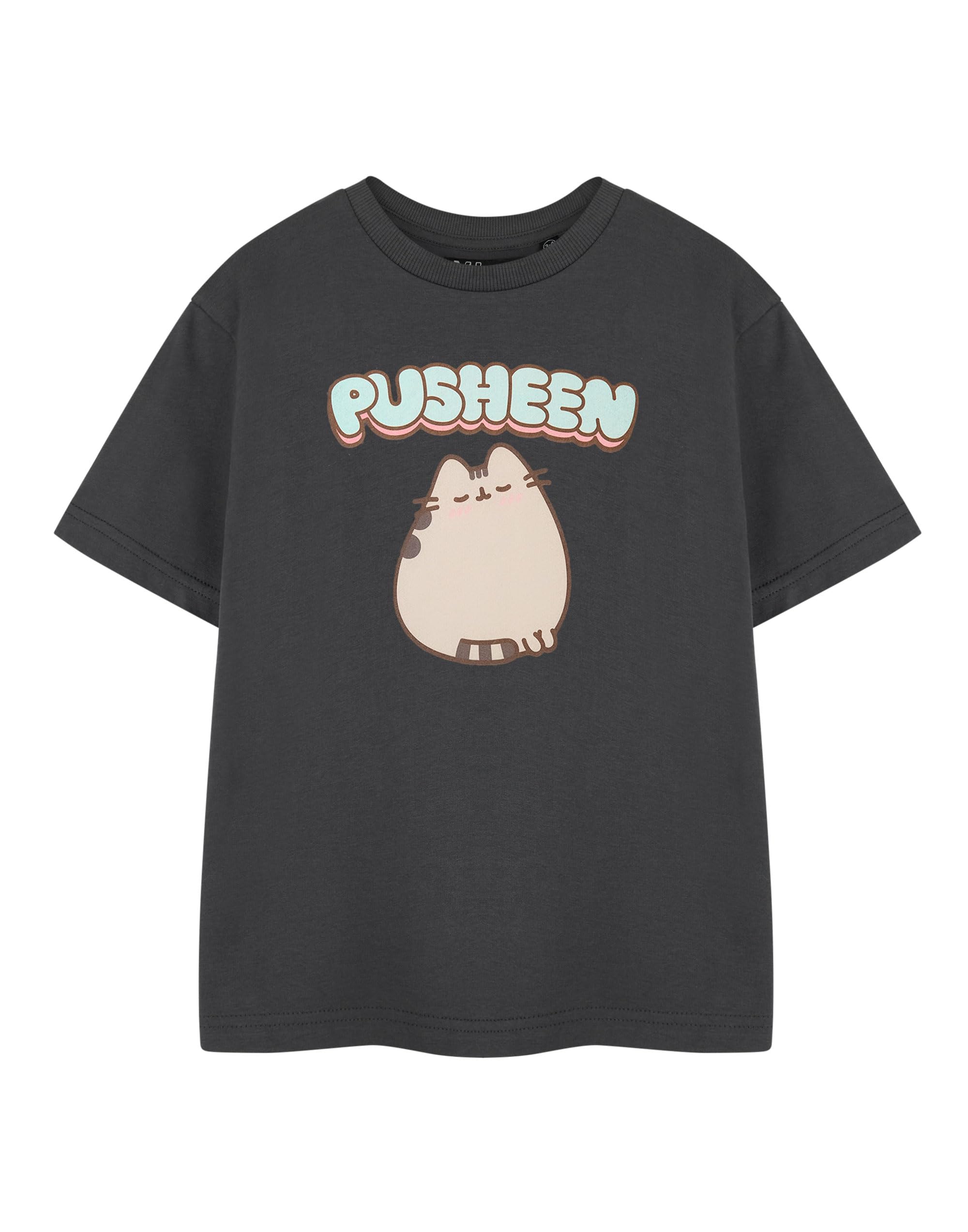Pusheen Girls Grey Short Sleeved T-Shirt | Blush Cartoon Graphic Tee for Kids | Children's Cute Cat Crew Neck Apparel Top | Internet Sensation TV Series Merchandise Gift