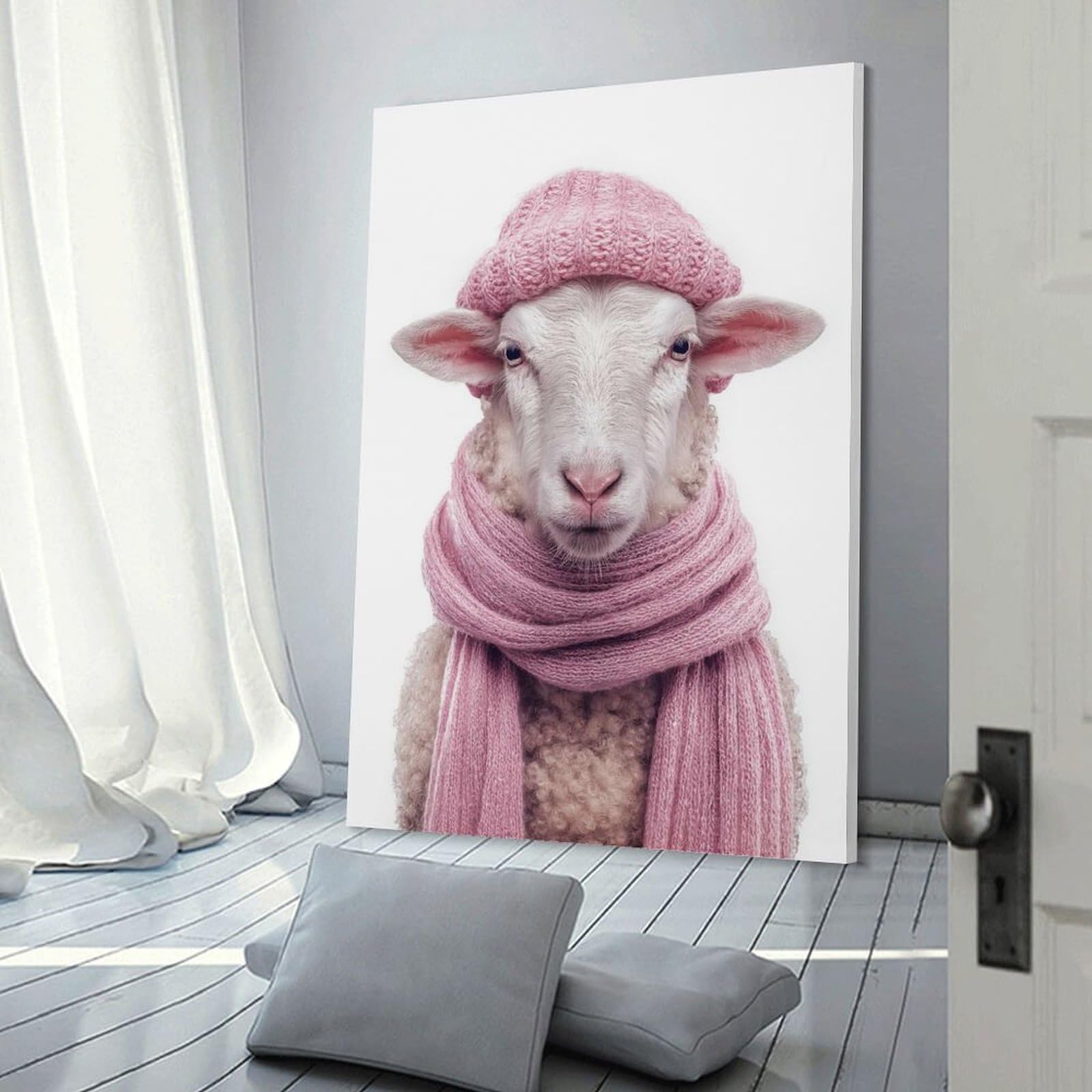 Junmoney Cozy Sheep in Pink Hat And Scarf Canvas Art Print 24x36inch(60x90cm), for Art Walls, Layered Displays Or Homes, Decorative Artwork with Flexible Styling
