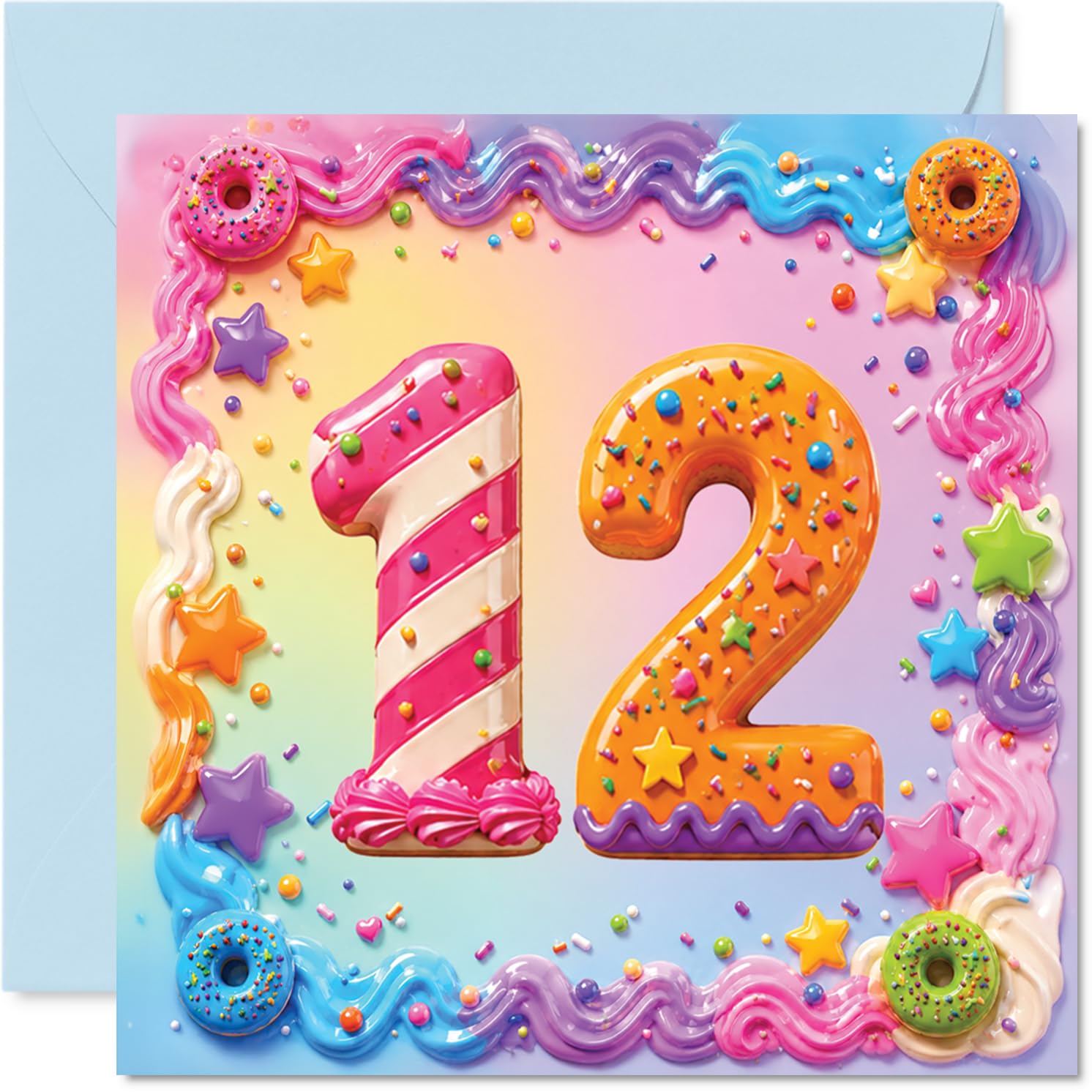 Playful 12th Birthday Card - Sprinkle-tastic Surprise - Colourful Donut and Sweets Explosion with Bold Pastel Number 12-145mm Square, Envelope Included
