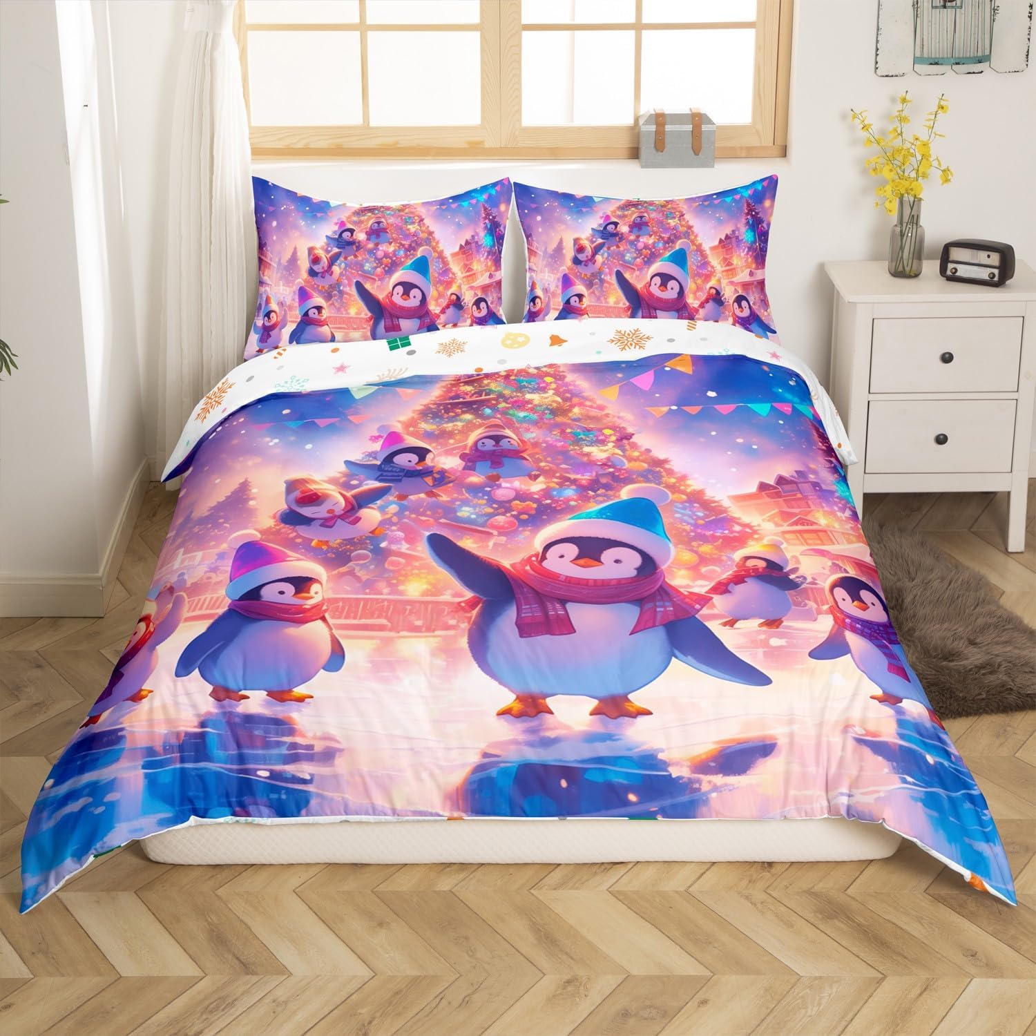 Kawaii Penguin Duvet Cover Set Cute Cartoon Wild Animals Bedding Set for Kids Boys Girls Teens Glitter Xmas Tree Merry Christmas Comforter Cover with 1 Pillowcase(No Comforter) Toddler Size 2 Pcs