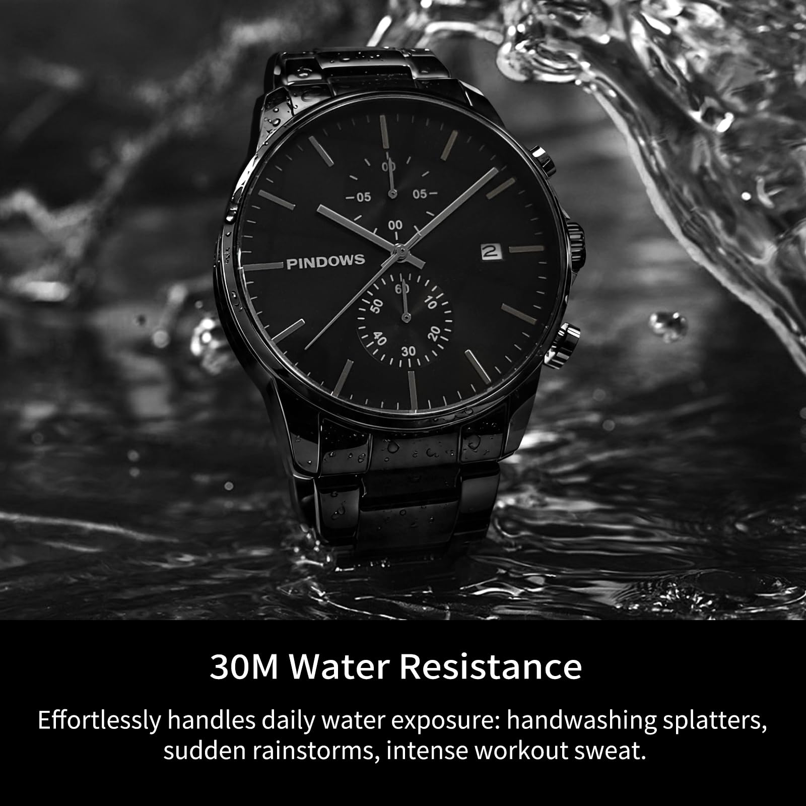PINDOWS Orologi da uomo, moda, minimalista, business, robusto, acciaio inossidabile, impermeabile, cronografo, orologio al quarzo con datario automatico