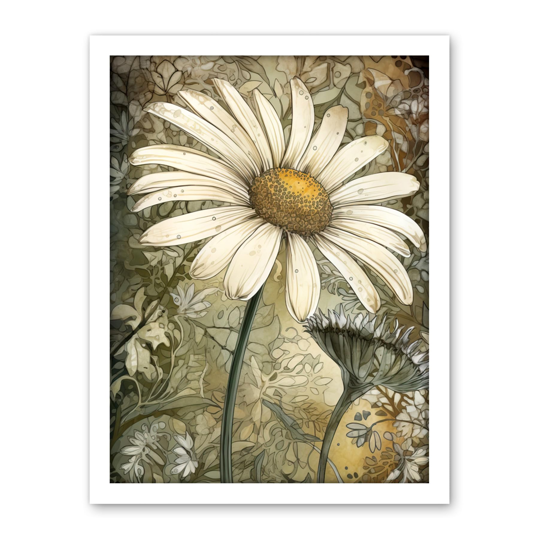 Artery8 Pastel Watercolour Daisy Flower Bloom Illustration Artwork Framed Wall Art Print 18X24 Inch