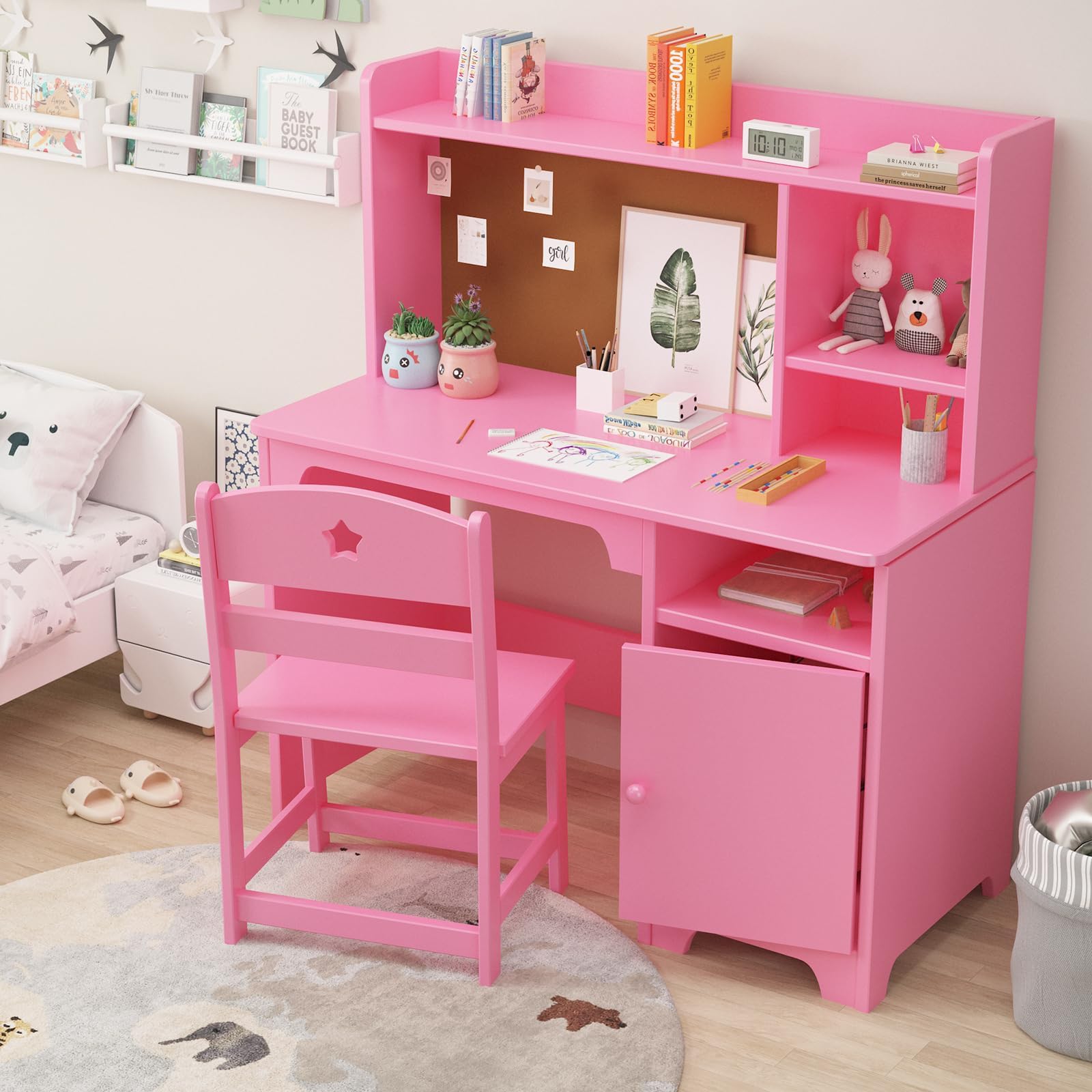 Escritorio Infantil de Madera para Estudiantes con Silla, Mesa Niños Infantil con Estanterías Abiertas y Armarios con Puertas, Mesa de Aprendizaje Infantil Multifuncional para Dormitorio o Estudio