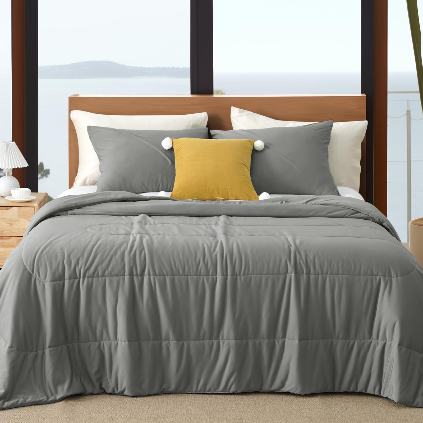 PHF Cooling Comforter Set King Size, 3PCS Soft Breathable Lightweight Bedding Set for Hot Sleepers, Silk Smooth Double-Side Cooling Bed Set with 1 Comforter and 2 Pillowcases, Charcoal