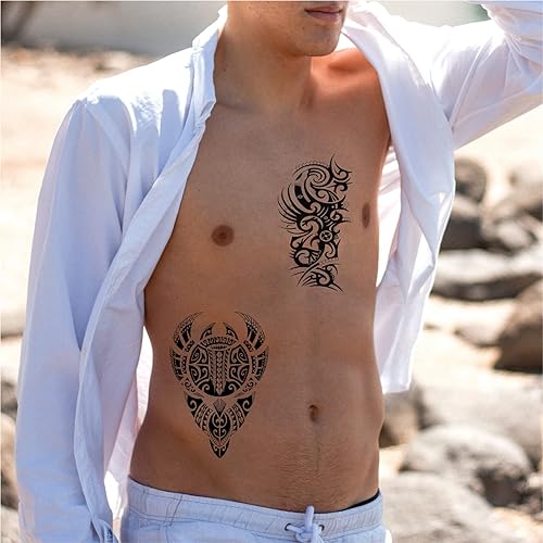 Miniatura 6 de Tótem tribal temporal para hombres, tatuaje falso polinesio de tortuga hawaiana negra grande para hombres adultos, de larga duración, realista,