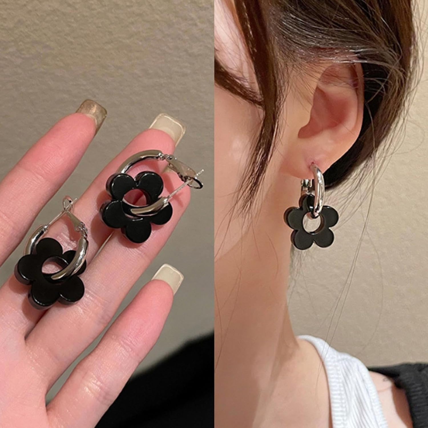 Vintage Acrylic Daisy Flower Hoop Earrings Black Hollow Flower Drop Earrings Black Resin Flower Earrings Silver Hoop Stud Earrings Jewelry for Women - Image 5