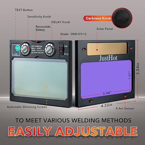 Miniatura 7 de JustHot Casco de soldadura True Color Solar alimentado por batería Auto oscurecimiento campana de soldadura 1112 Claridad óptica superior 4 Sensor