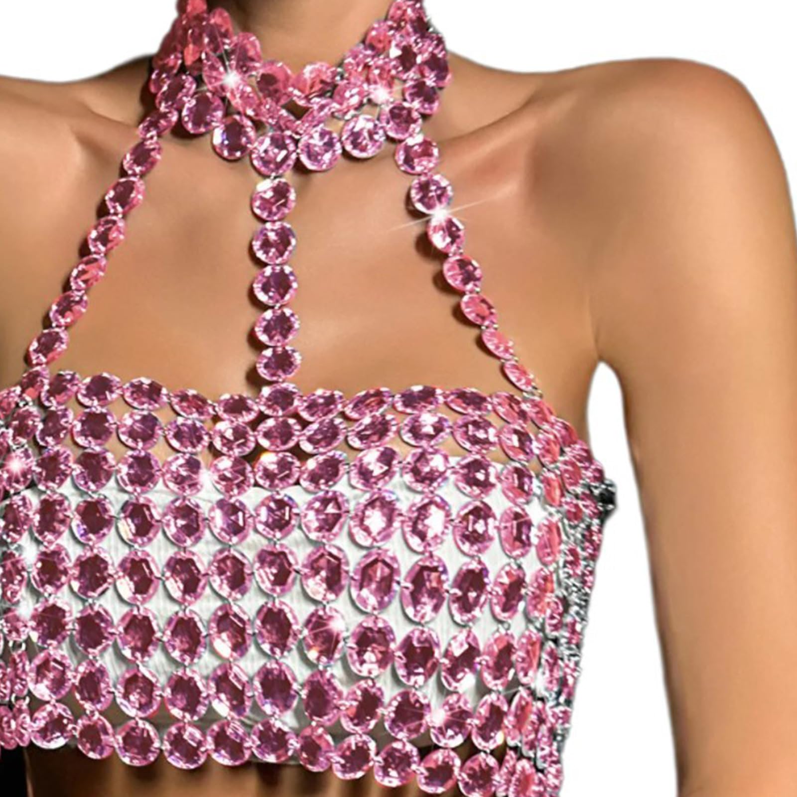 Reggiseno da donna con allacciatura al collo e schiena scoperta, gioiello con strass cavi, top crop top per feste e discoteche, con strass di cristallo, allacciatura al collo