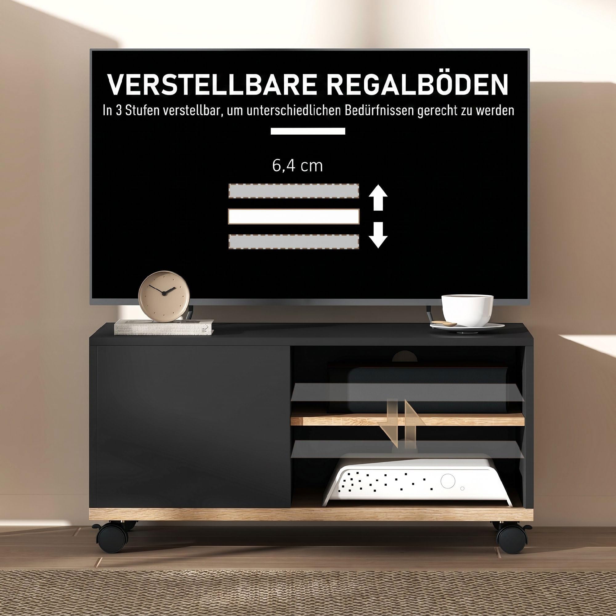 HOMCOM TV Schrank Lowboard auf Rollen mit Schrank, Kabelführung und Verstellbarer Ablage, Fernsehtisch für Fernseher bis 32 Zoll, TV Board für Wohnzimmer, Schwarz und Eiche, 80 x 45 x 41 cm