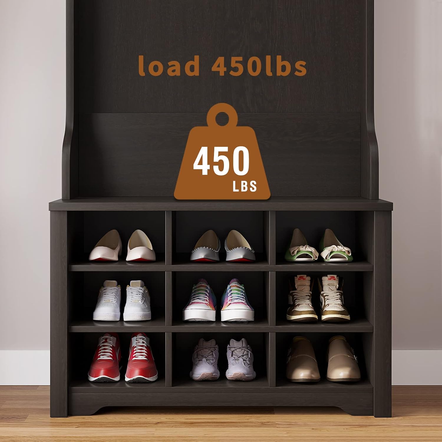 Itaar Hall Tree with Storage Bench, 3-in-1 Entryway Bench with Coat Rack, Hall Tree with Bench and Shoe Storage, Hall Tree with 9 Shoe Storage Cabinet and 4 Hanging Rack, Dark Brown
