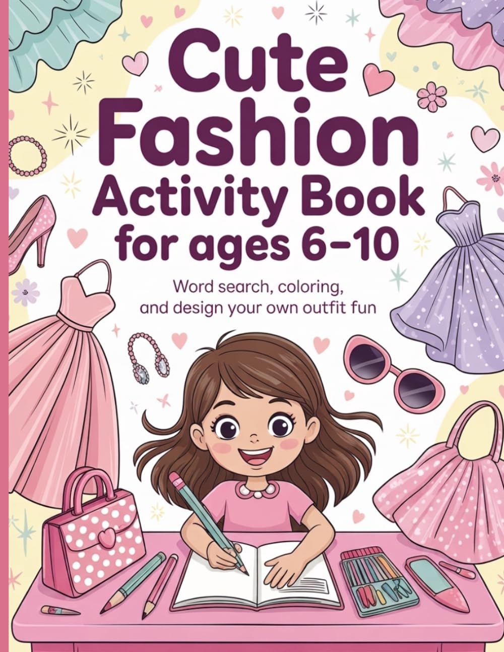 Cute Fashion Activity Book for Girls Ages 6–10: A Fun Coloring and Word Search Book with Design Your Own Outfit Pages and Creative Fashion Activities for Stylish Girls