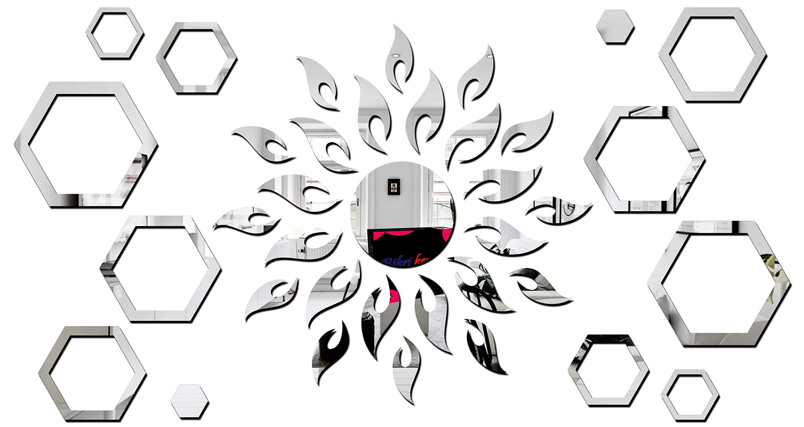 Bikri Kendra - Art BK136, Sun Silver with Hexagon Ring Silver 2 Set - 3D Acrylic Mirror Stickers for Wall (B08KJCT67Y) Amazon Price History, Amazon Price Tracker