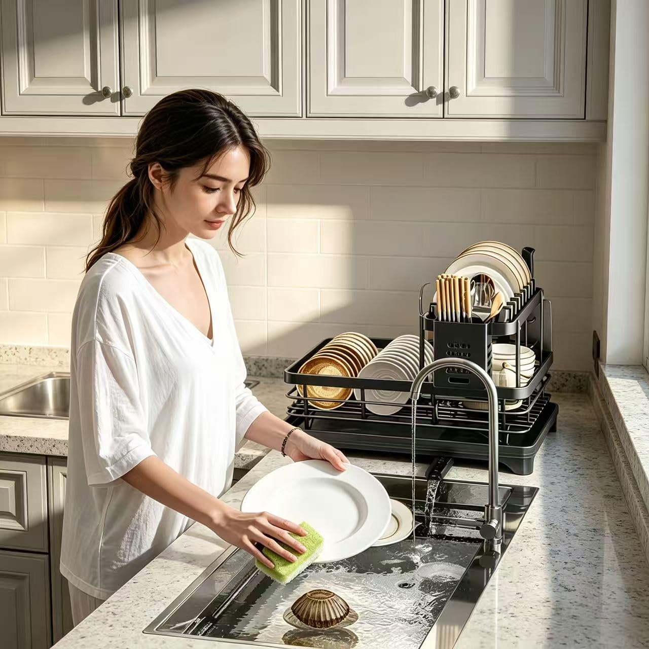scolapiatti a 2 livelli, scolapiatti con scolapiatti con scolapiatti, supporto per scolapiatti da cucina, supporto per lavello in acciaio inox con utensili e tagliere, nero