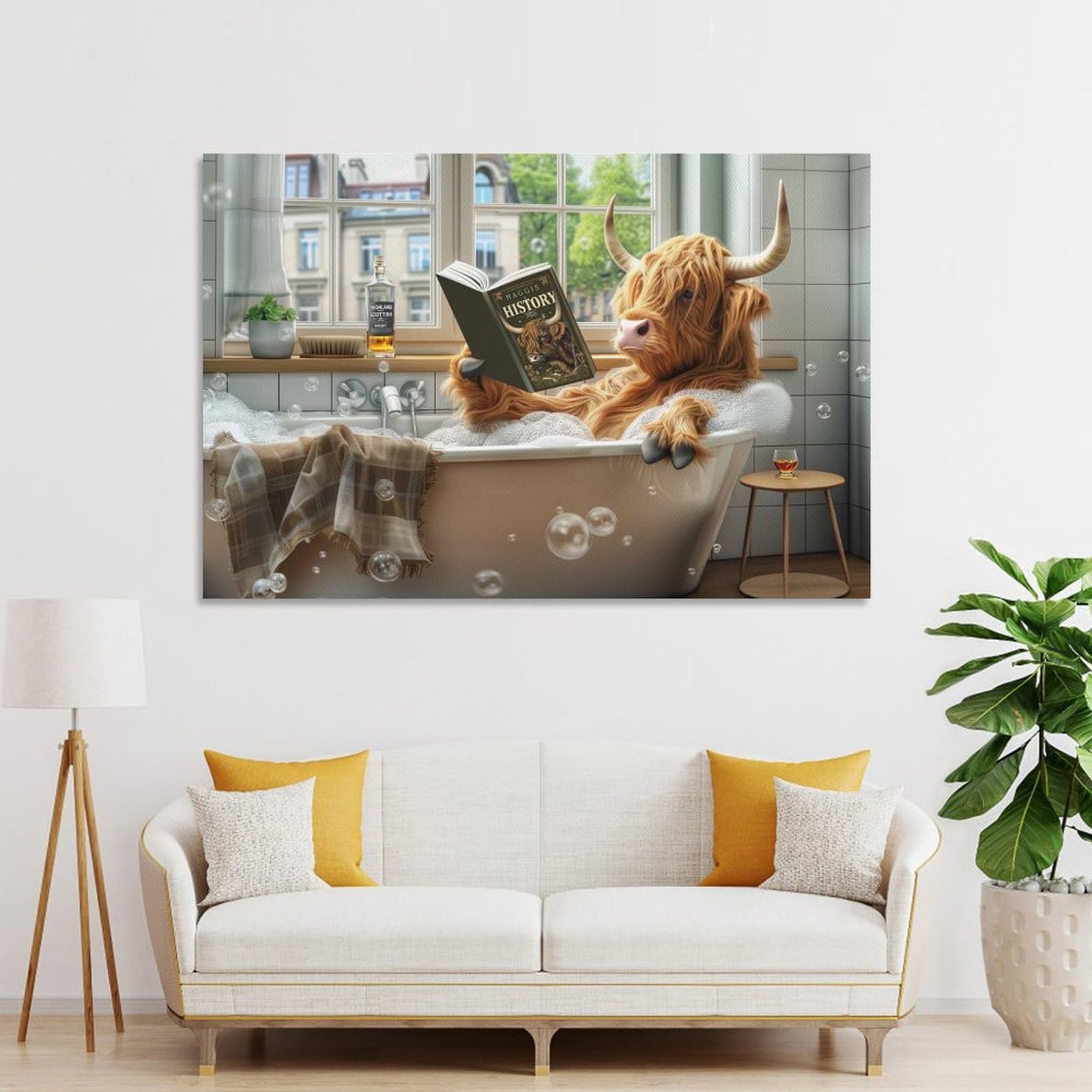 Junmoney Unframe-Style-7-1 Highland Cow In Bath Tub Canvas Wall Picture, 20X30inch(50X75cm), For Living Room, Bedroom Or Apartment Walls, Decorative Artwork For Empty Walls