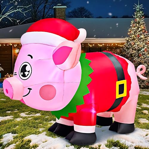 Miniatura 4 de KOOY Decoración inflable de Navidad de 5 pies de cerdo lindo de Navidad
