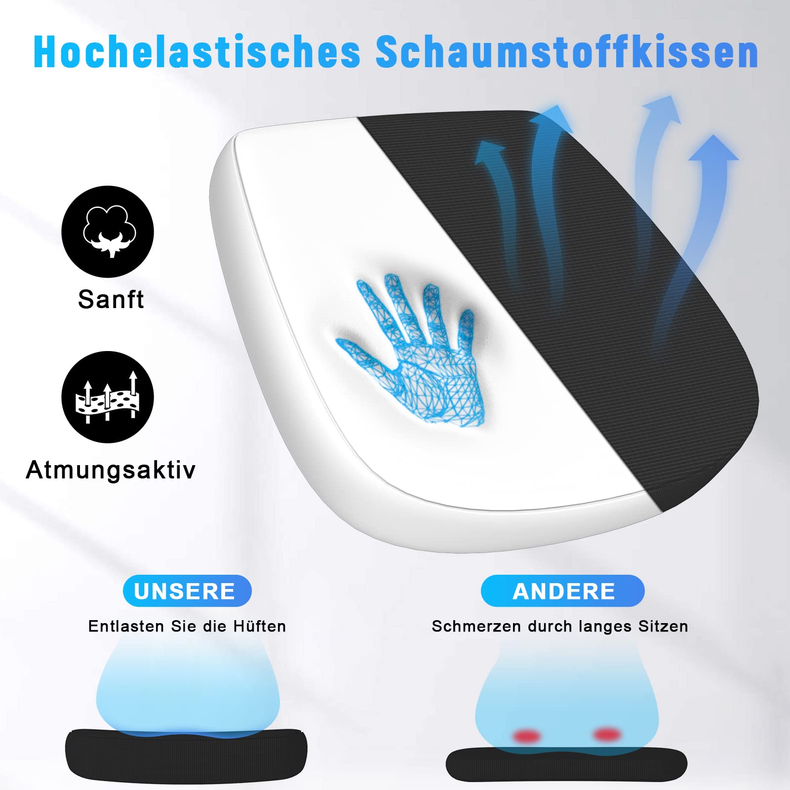 Bürostuhl mit verstellbaren Armlehnen, ergonomischer Schreibtischstuhl mit Netzbespannung, Lordosenstütze, höhenverstellbar, gepolstertem Sitzkissen, 360° Drehstuhl, Schwarz
