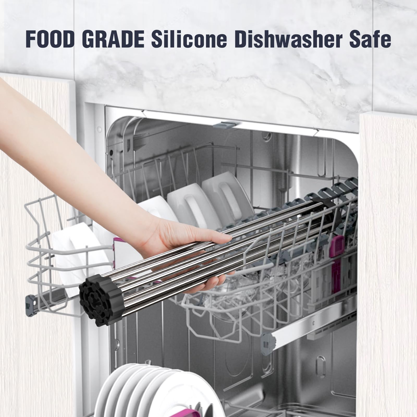 Tomorotec Scolapiatti arrotolabile da 53,3 x 39,4 cm, per lavello, accessorio per lavello da cucina, organizer multiuso, scolapiatti pieghevole in acciaio inox