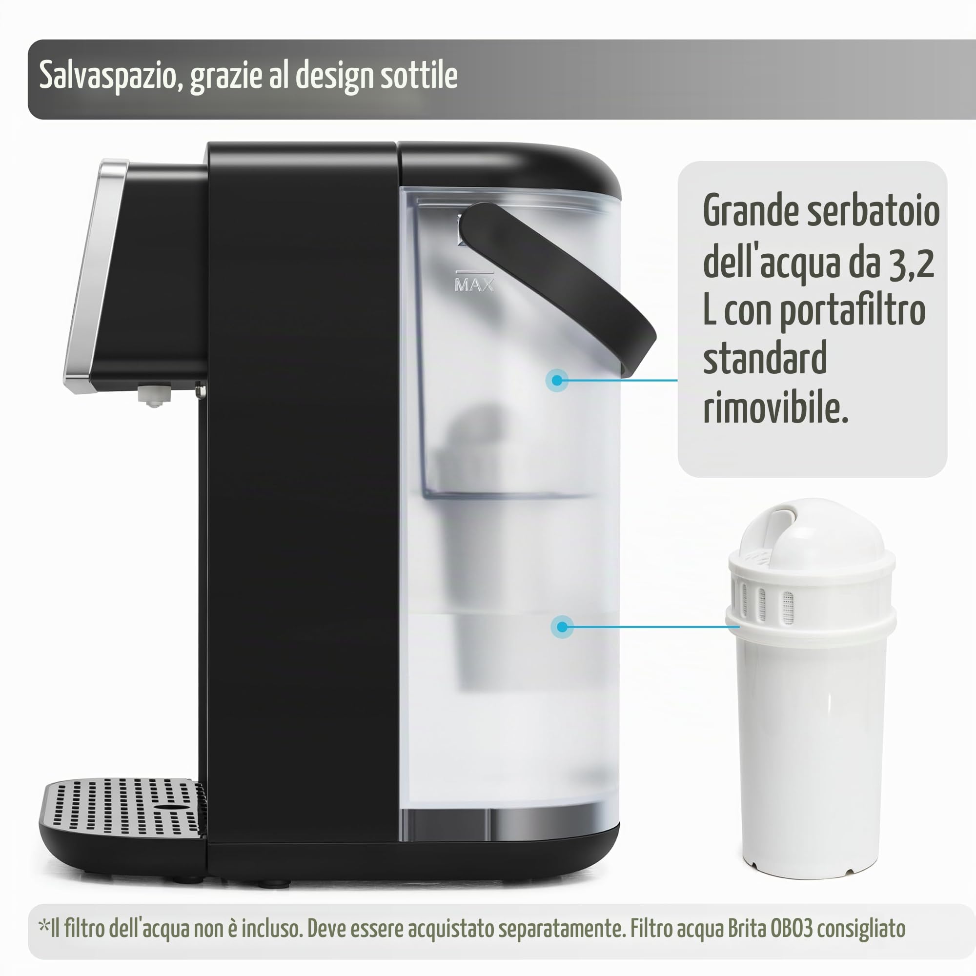 ForMe Distributore d'Acqua, Serbatoio dell'Acqua da 3,2 l, 2000 W, Temperatura Selezionabile 25-40-50-60-80-90-100 °C, Filtro Opzionale, Riduce Cloro e Calcare
