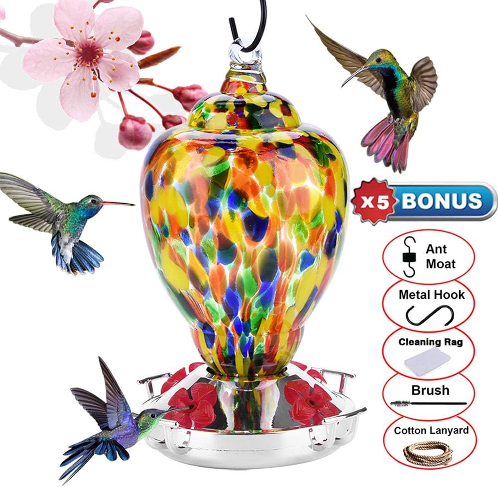 Hummingbird Feeder for Outdoor Garden - Hand Blown Glass - 25 oz with Four Feeding Ports - Containing Ant Moat, Metal Hook, Hemp Rope, Brush, Cleaning Rag