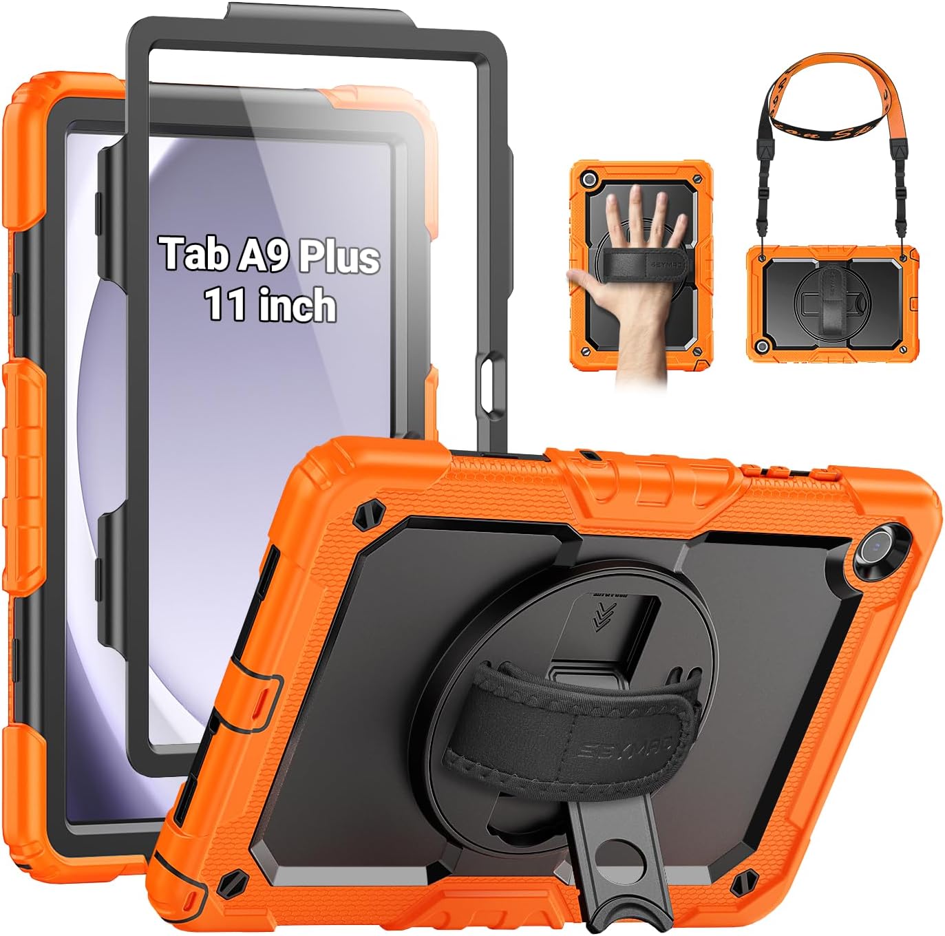 SEYMAC Case for Samsung Galaxy Tab A9+/ A9 Plus 11" (SM-X210/X216/X218), Heavy Duty Shockproof Protective Case with Screen Protector, Rotating Stand, Hand/Shoulder Strap, Orange Black / Orange 11 inch