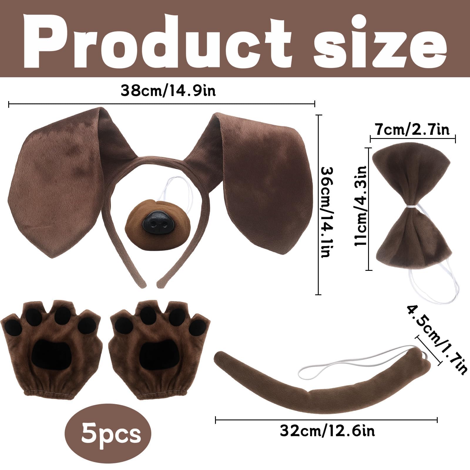 5-Piece Dog Man Costume Set, Dog Costume for Adults Brown Tutu and Slinky D0g Cos-tume with Ears Headband, Gloves - Image 2