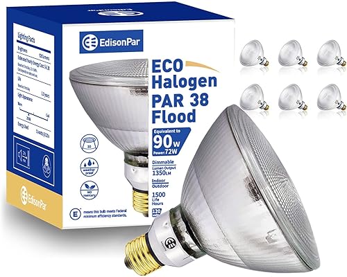 PAR38 Bombilla halógena ECO 90W Eqv., luz de inundación de 25 regulable E26 base media, 2900K 1350lm 120V (PAR38 unidad de 6)