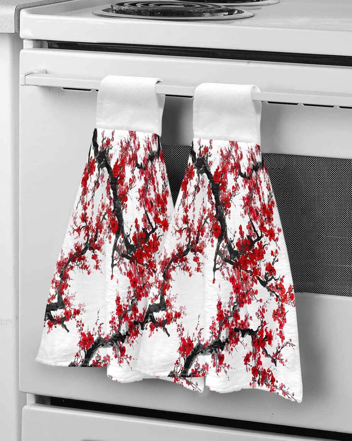 Red Plum Kitchen Hand Towels with Hanging Loops Set of 2 Nature Flowers Branches Chinese Painting Soft Thick Oven Fingertip Dry Microfiber Tie Dish Towel Absorbent Cleaning Washcloth for Bathroom