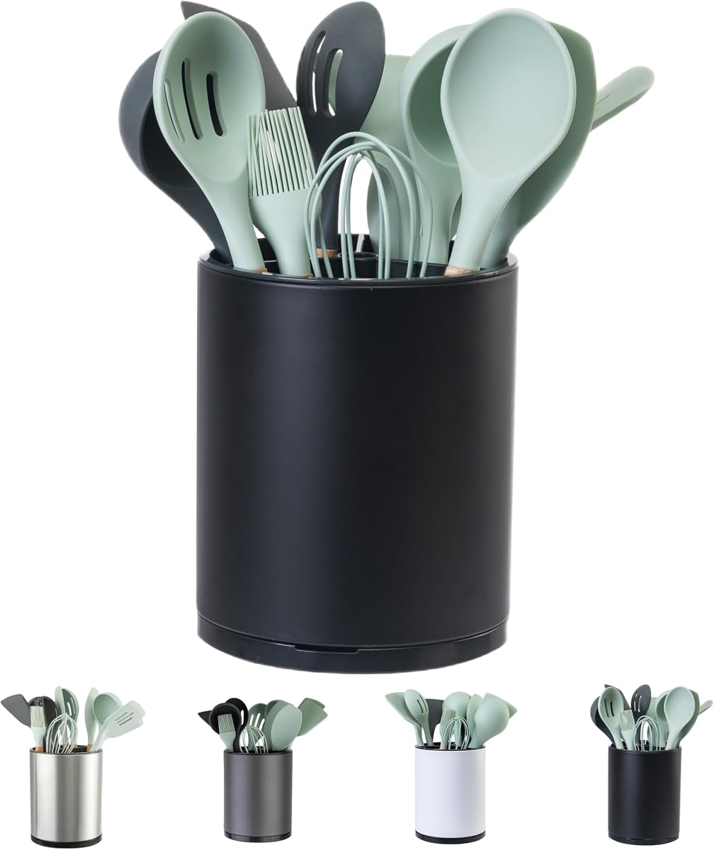LIBODOUR Kitchen Utensil Holder,Extra Large 360°Rotating For Countertop | Stainless Steel Organizer,Hold 40 Utensils,Cooking Silverware Caddy 3 Compartment Spoon Spatula Tool Container（Black）