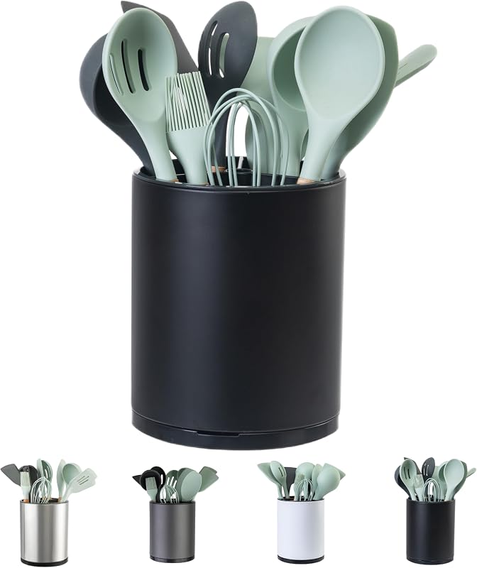 LIBODOUR Kitchen Utensil Holder,Extra Large 360°Rotating For Countertop | Stainless Steel Organizer,Hold 40 Utensils,Cooking Silverware Caddy 3 Compartment Spoon Spatula Tool Container（Black）