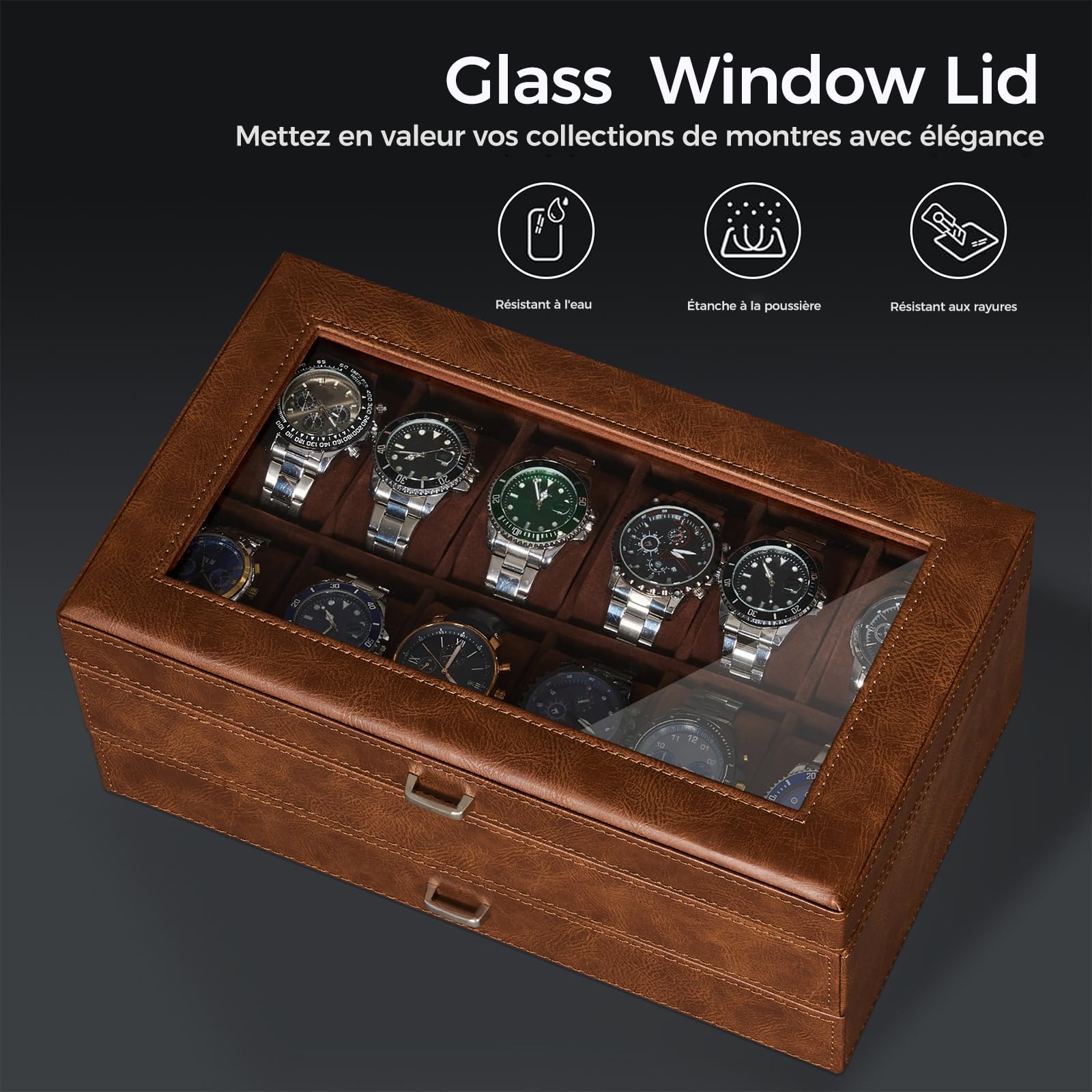 Boite à Montre de Homme, Un Classique 12 compartiments Boite Montre | Grand couvercle en verre Boite a Bijoux Homme et Montres，2e étage Watch Box Boite Rangement Montre, Marron