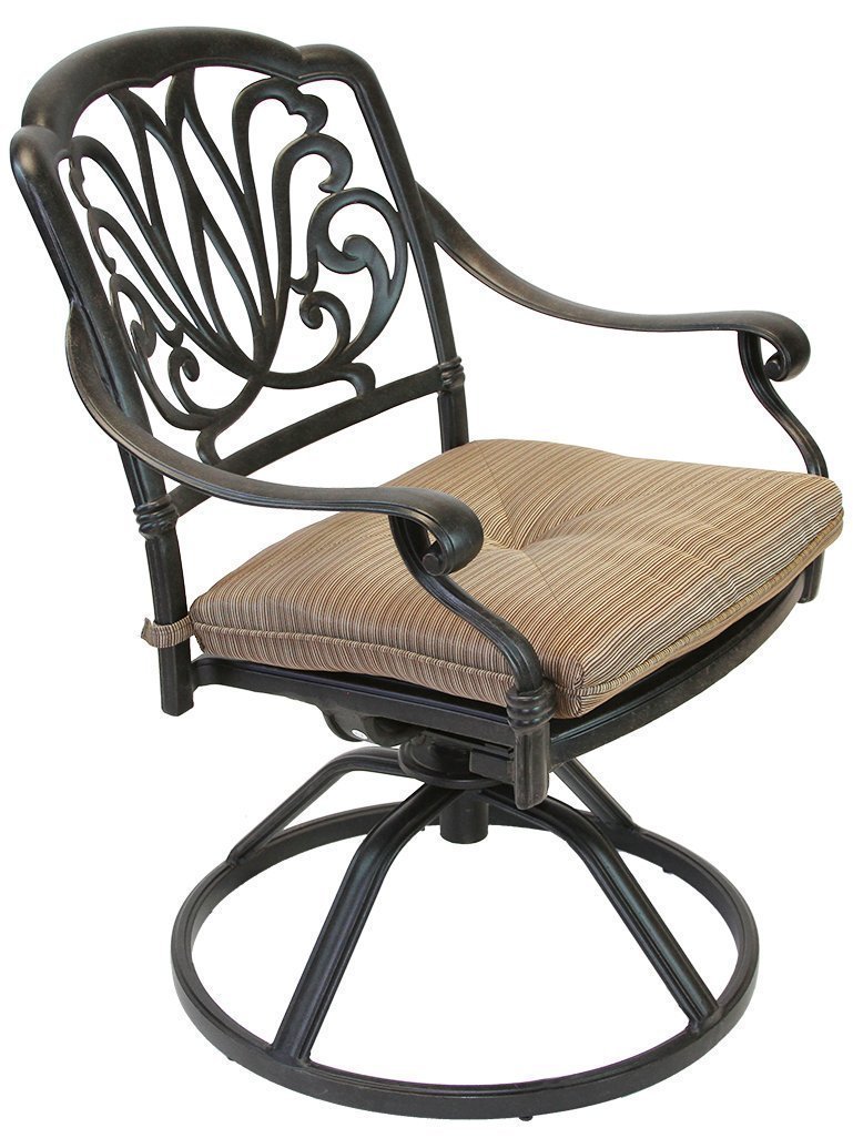 theWorldofpatio Elizabeth Cast Aluminum Powder Coated Dining Swivel Rocker - Set of 6 with Walnut Cushions - Antique Bronze