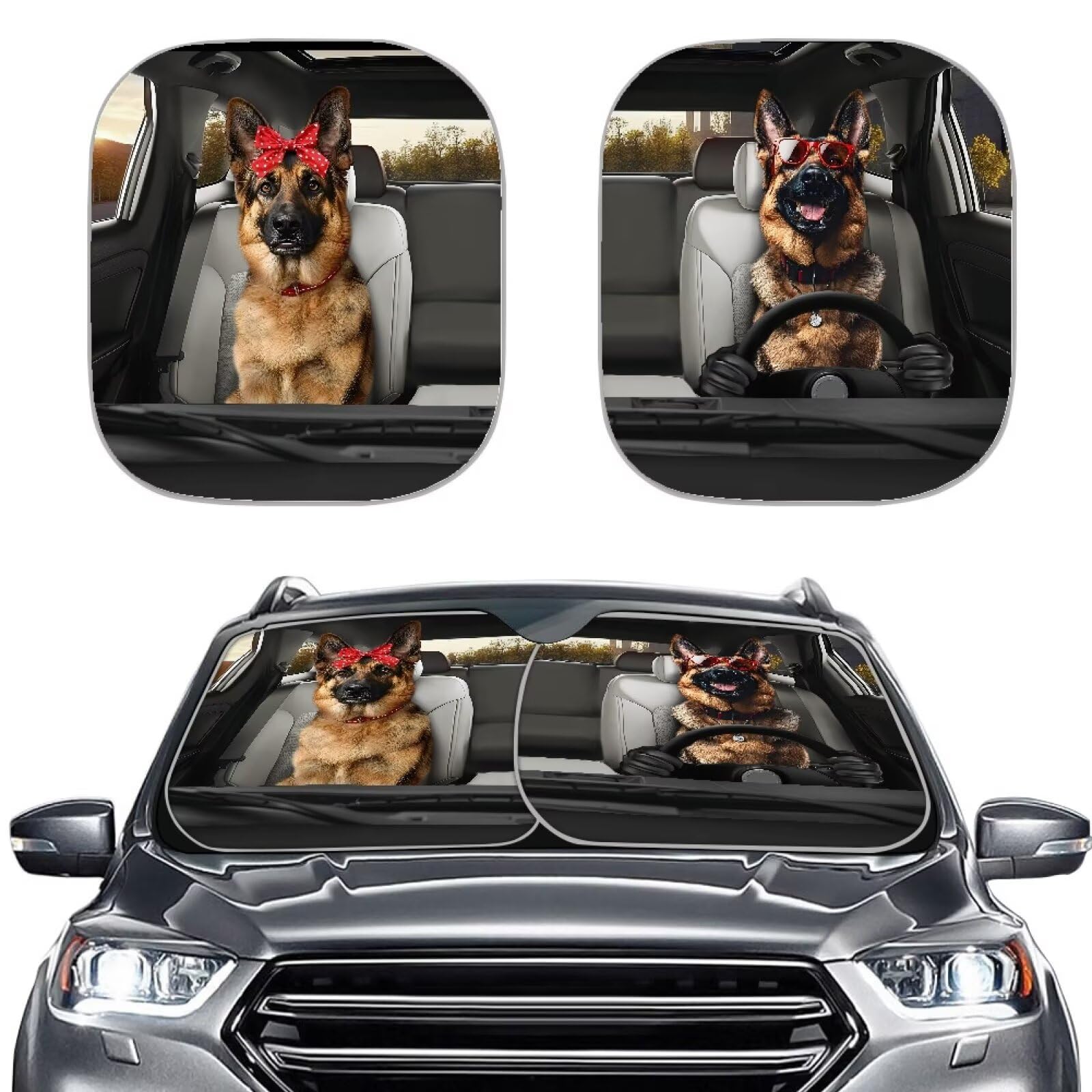 Zanxiantu German Shepherd Driver Funny Car Windshield Sun Shade 2 Piece Foldable Universal Fit Car Truck SUV Sun Visor Protector for Front Window Keep