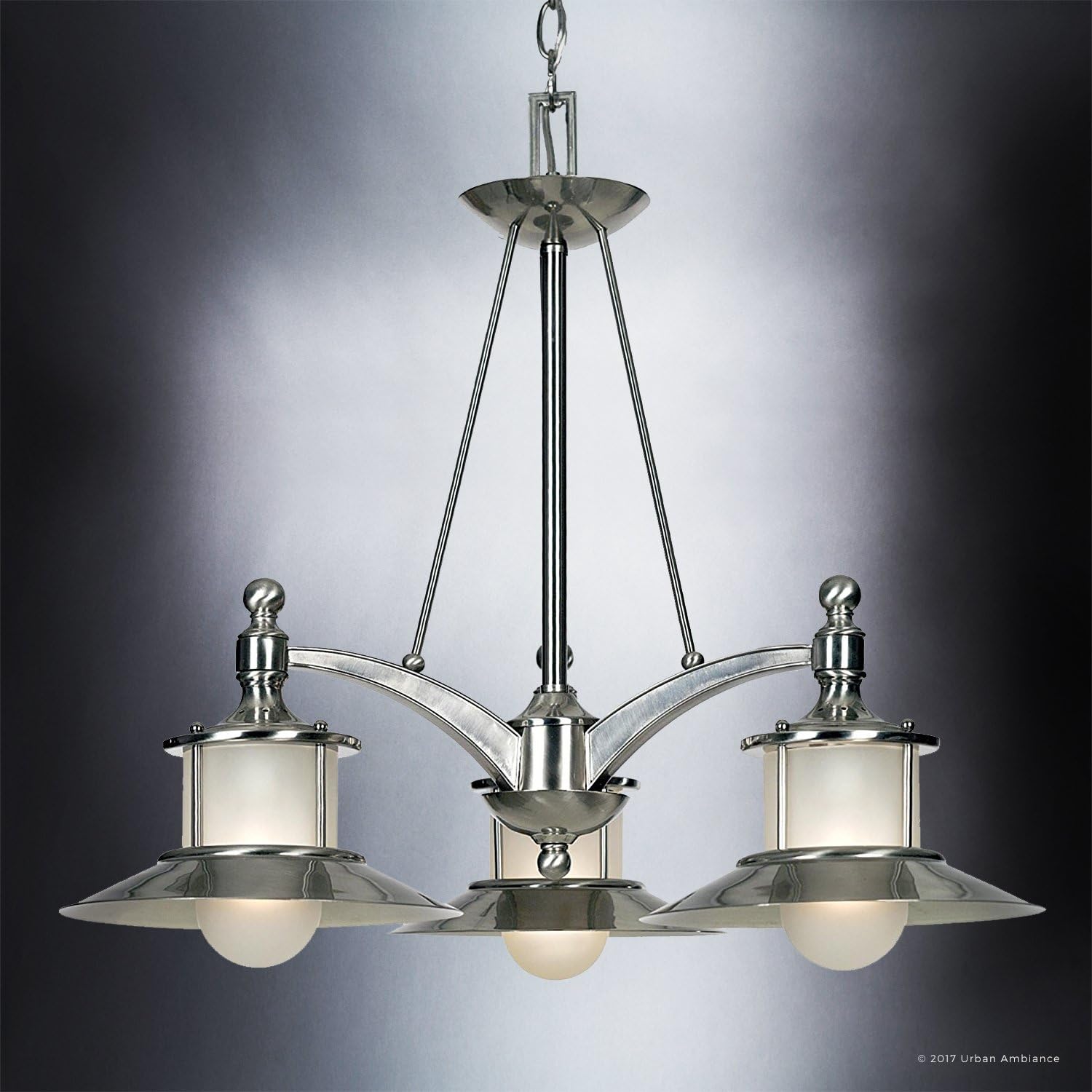Black Friday - 50% OFF Luxury Nautical Chandelier, Medium Size: 22H x 25W, with Coastal Style Elements, Hooded Design, Pretty Brushed Nickel Finish and Acid Etched Glass, UQL2530 by Urban Ambiance
