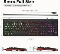 Vista 7 de Teclado USB con cable con retroiluminación de 7 colores, teclado de tamaño completo con teclas retro, teclado numérico y tecla de acceso rápido