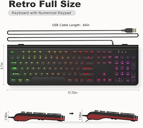 Miniatura 7 de Teclado USB con cable con retroiluminación de 7 colores, teclado de tamaño completo con teclas retro, teclado numérico y tecla de acceso rápido