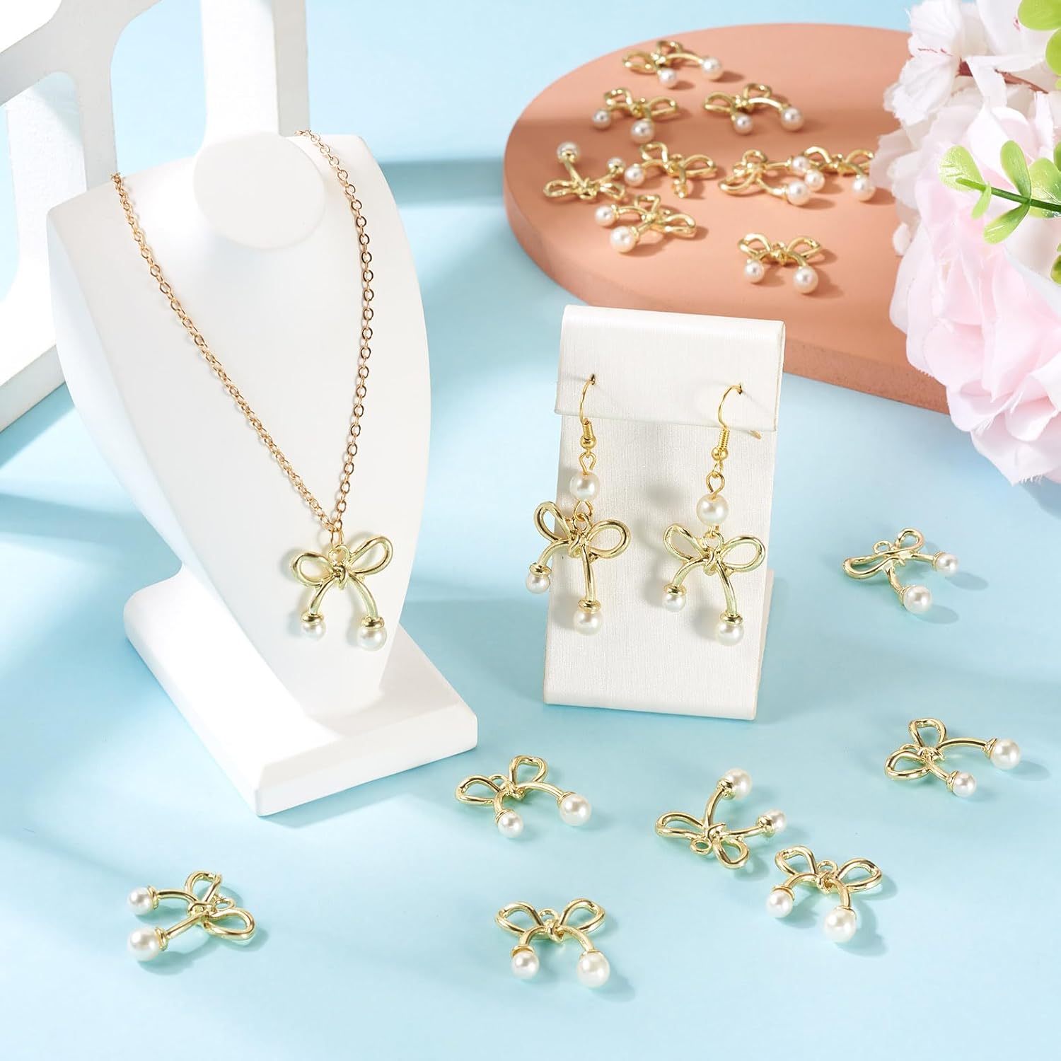 Cheriswelry 20Pcs Gold Plated Bowknot Charms Metal Alloy Bow Tie Pendants with Pearl Bead DIY Earrings Necklaces Charms 22.5x20mm for DIY Jewelry Making Earring Supplies - Image 2