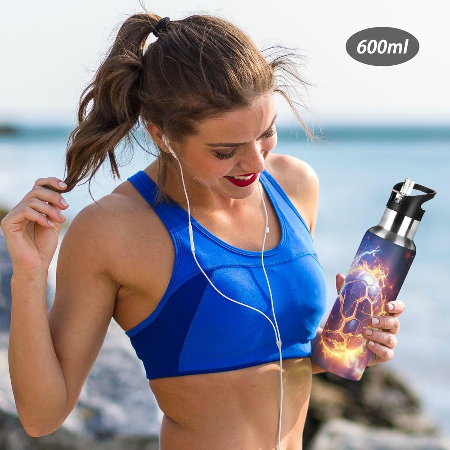 senya 34 Oz Water Bottle with Straw Soccer Ball in Fire Lightning Stainless Steel Water Bottle for Traveling Sports Leakproof Insulated