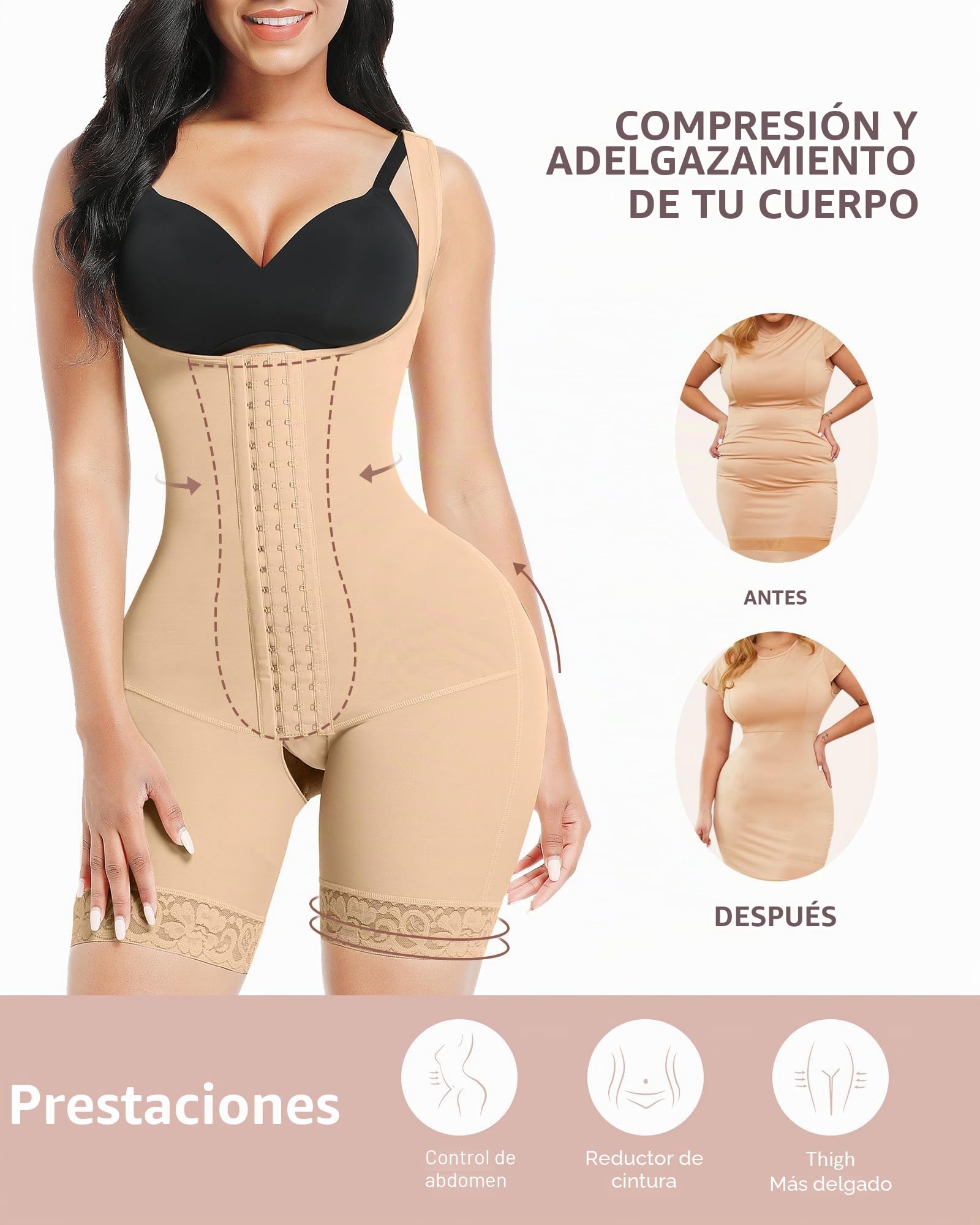 FeelinGirl Fajas Reductoras Mujer Fajas Abdomen Chaleco Corsé Abdominal Pantalones Moldeadores Cierre de Ganchos de 3 Filas con Tirantes Anchos Ajustables