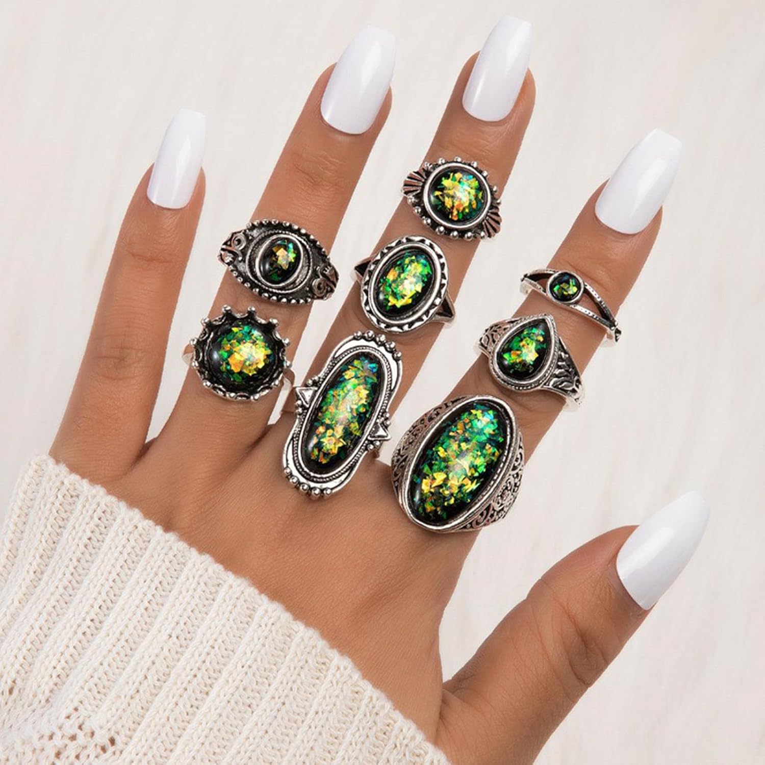 HUASAI Turquoise Ring Set for Women Boho Bohemian Western Green Gemstone Red Silver Chunky Thick Statement Vintage Rings Dress Accessories Jewelry Gift - Image 2