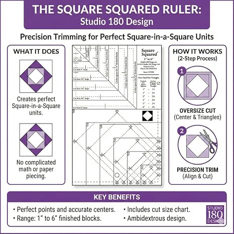 Studio 180 Designs | Deb Tuckers | Square Squared Quilting Tool All-in-One Diamond Square Ruler for Accurate Units, Trim Down Section, Center Square Template, Step-by-Step Instructions 612 x 12