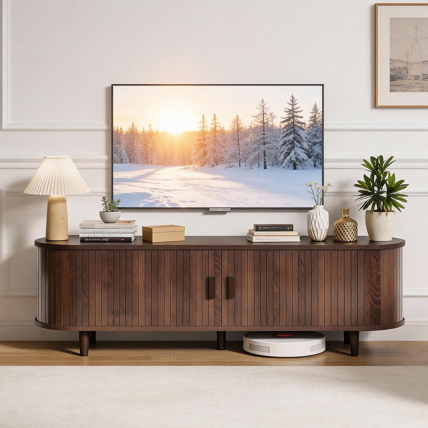 58" Mid Century Modern TV Stand, Wood TV Consoles with Sliding Doors and Power Outlet, Entertainment Center with Adjustable Shelves, Fluted TV Stands for Living Room, Walnut