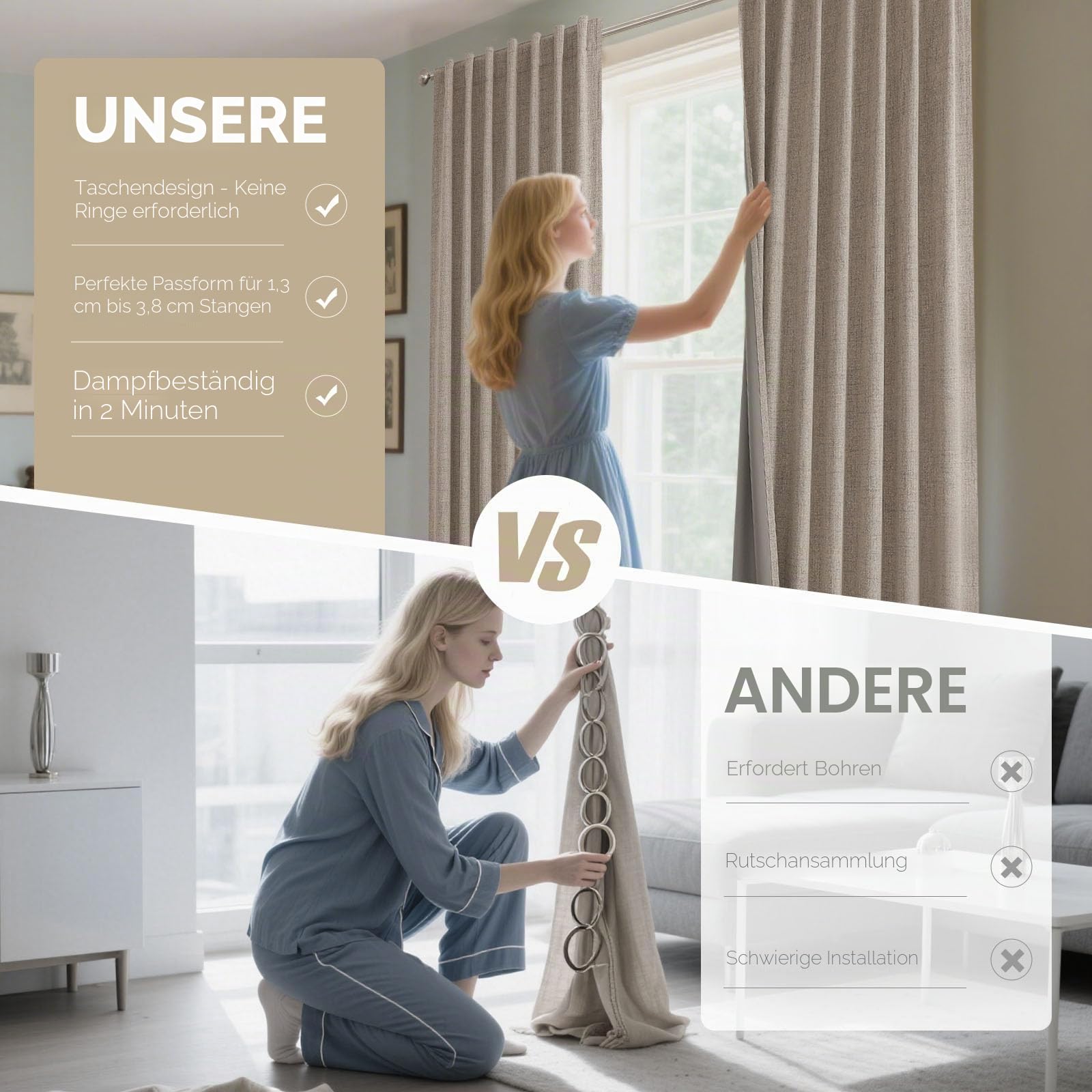 Joydeco 100% Verdunkelungsvorhänge aus Leinen, 2 Paneele, Thermovorhang für Schlaf- & Wohnzimmer, Blickdicht, mit Rückenschlaufen & Stangentasche (132 cm B x 244 cm L, Leinen)