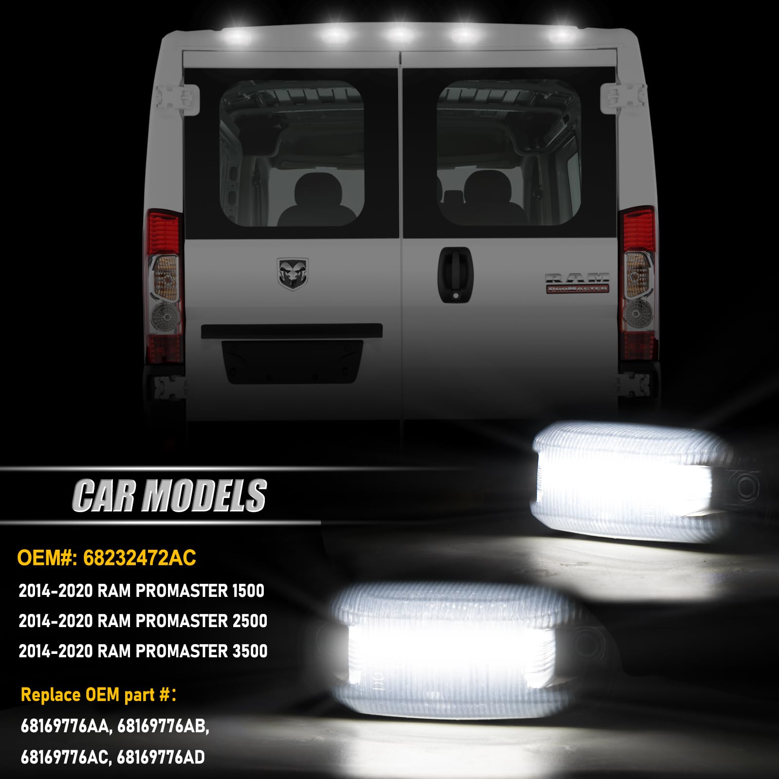 Rear LED Roof Top Clearance and Cab Marker Lights Compatible With 2014-2020 Dodge Ram Promaster 1500 2500 3500 - Cab Mounted Running Lamp Reflective Light With Smoked Lens White LED