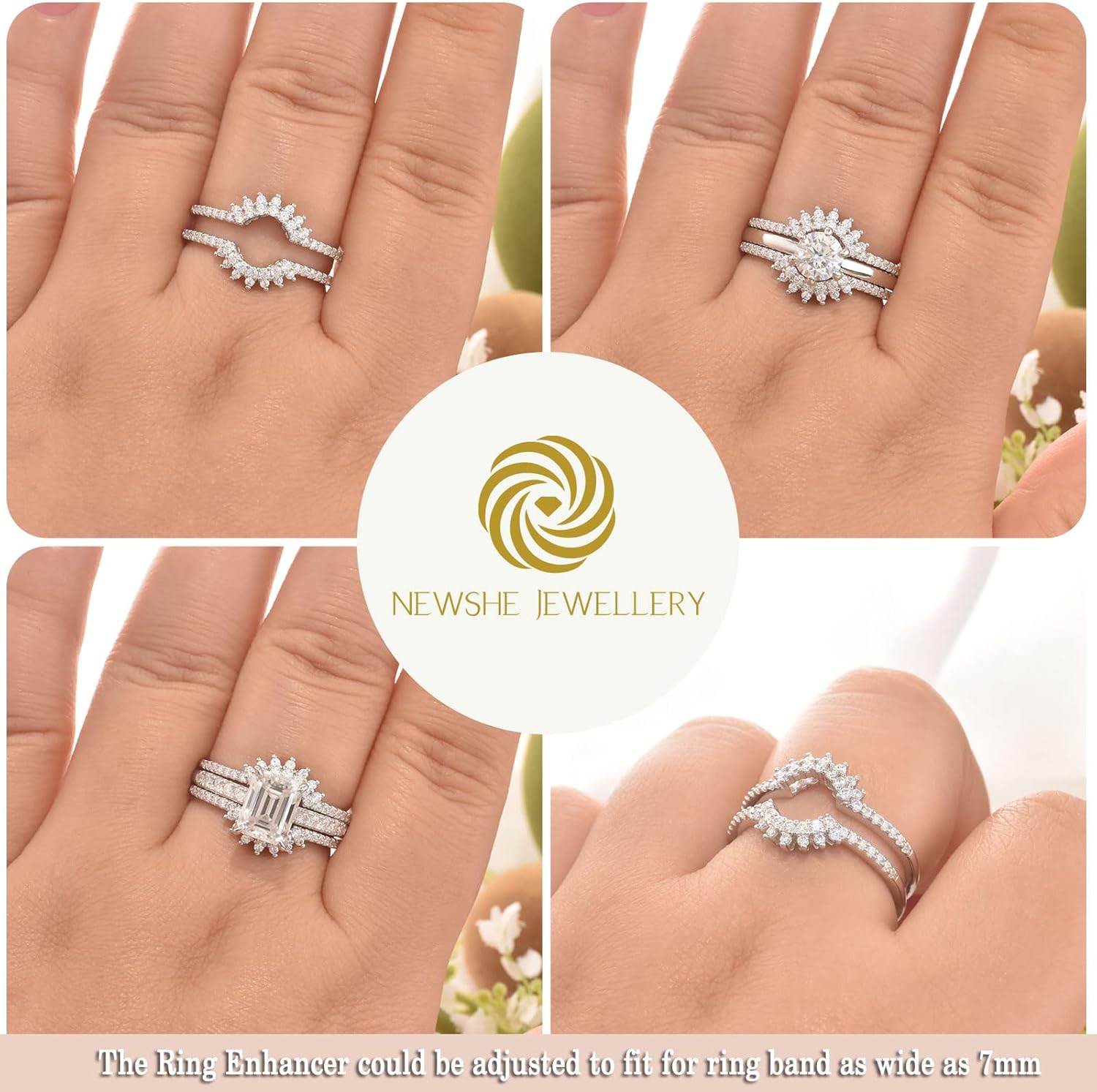 Newshe Jewellery Moissanite Ring Enhancer Curved Wedding Bands for Women Anniversary Engagement Rings Round Bridal Silver Plated Size