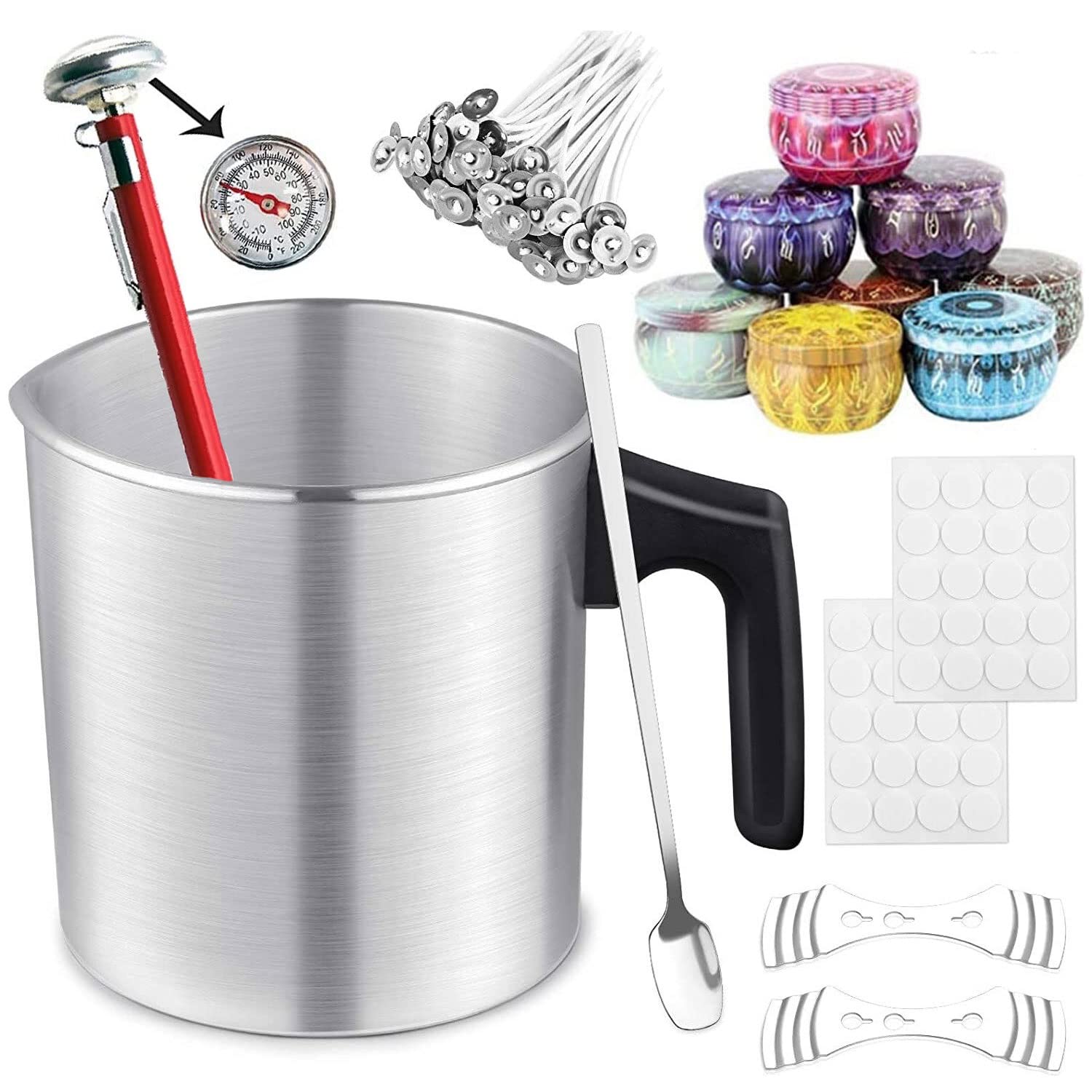 LCPKUTTR Candle Making Pouring Pot, Candle Craft Tools with Candle Pouring Pot Wax Wicks Wick Stickers Candle Wicks Holders and Mixing Spoon DIY Wax Making Kit for Beginner THD-1210