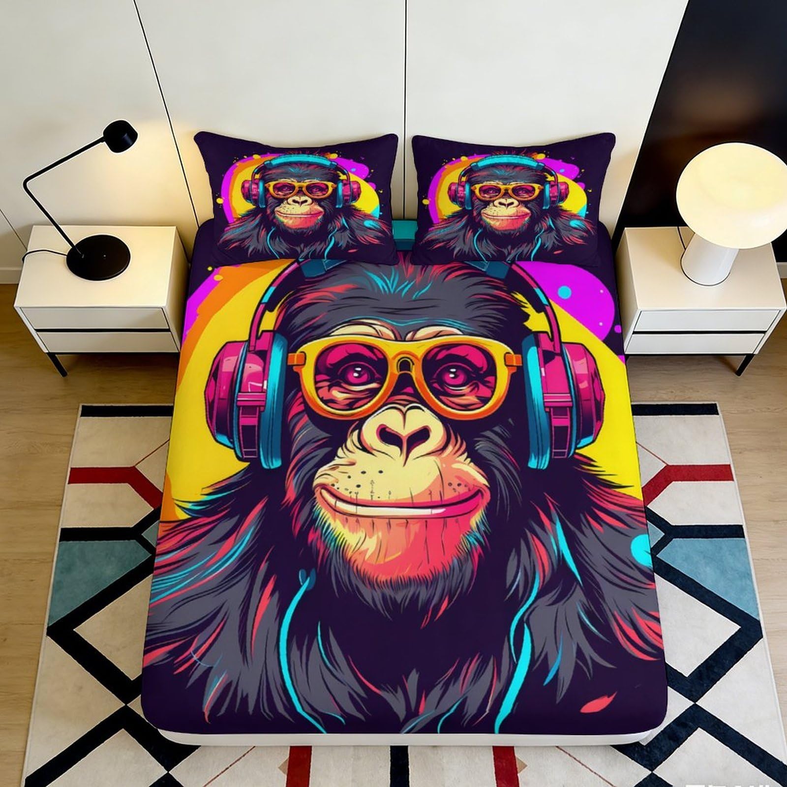 3D Printed Funky Monkey Fitted Sheet Microfiber Bright Headphones Bed Sheet for Bedroom Dorm Mattress Cover Decor 90x200x25cm