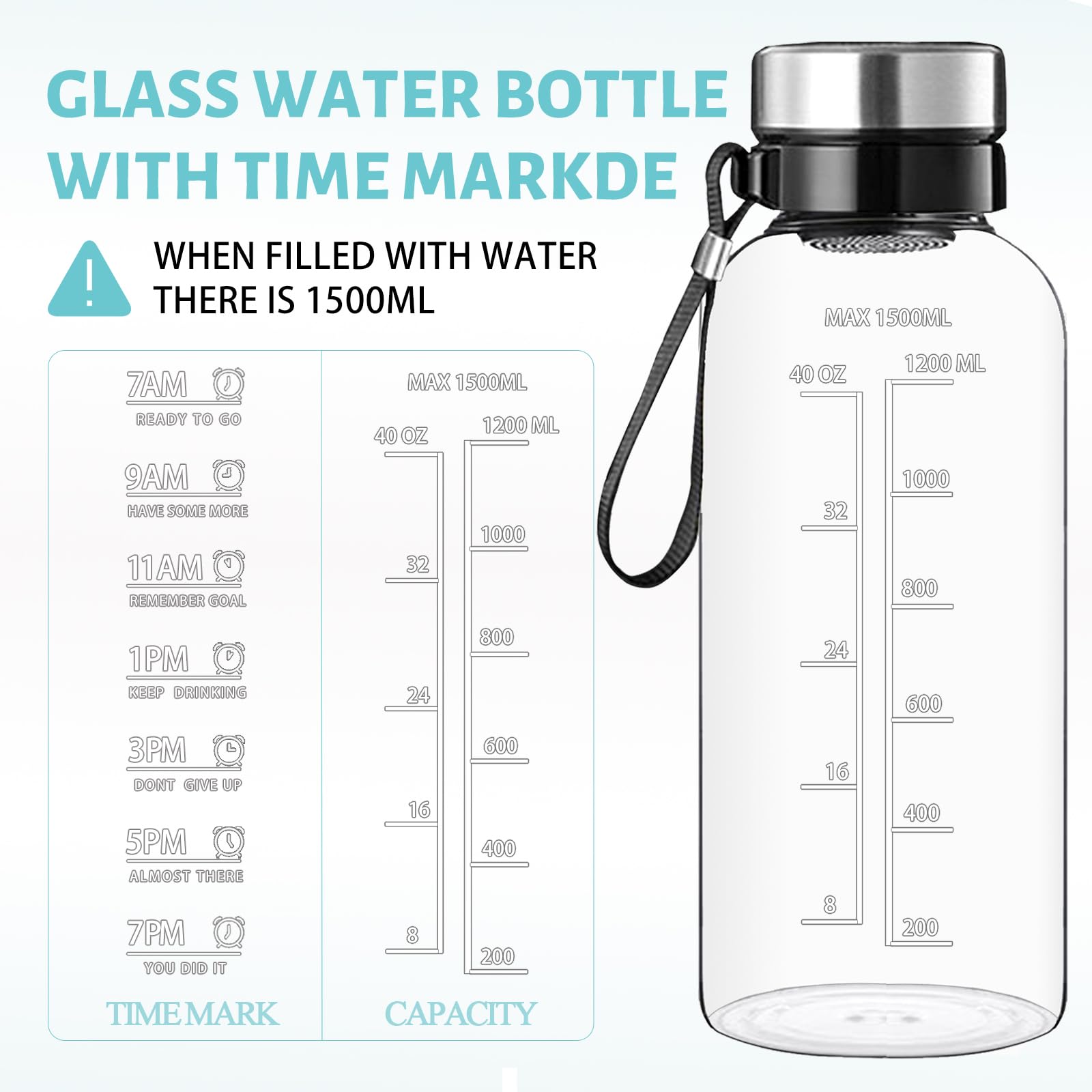 RNCKUUE Glass Water Bottle 1.5 Litre - 1500ml Large Borosilicate Wide Mouth Glass Drinking Bottles With Time… - Image 2